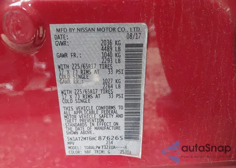 2017 Nissan Rogue S z USA, uszkodzony, nr VIN 5N1AT2MT6HC876265